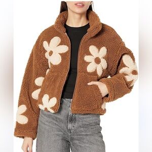 Free People Brown Teddy Jacket with Cream Daisy Appliqués